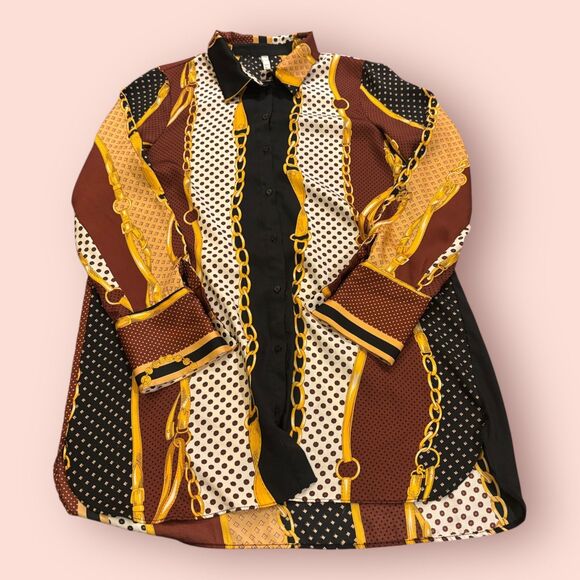 Zara Dresses & Skirts - Zara TRF Mini Shirt Dress Womens L Multi Chain Print Satin Long Sleeve Button-Up